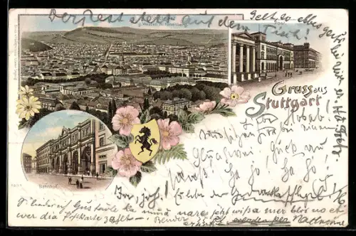 Lithographie Stuttgart, Bahnhof, Post, Ortspanorama