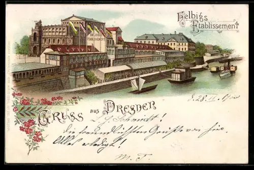 Lithographie Dresden, Helbigs Gasthaus an der Elbe, Panorama aus der Vogelschau