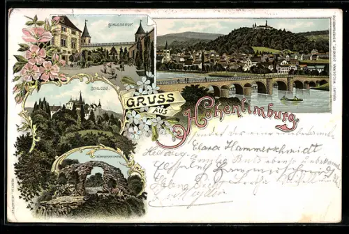 Lithographie Hohenlimburg, Panorama, Schlosshof und Hünnenpforte