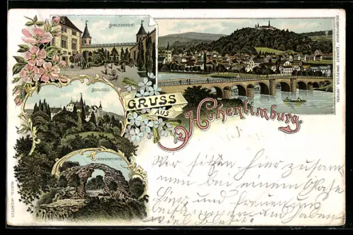 Lithographie Hohenlimburg, Panorama, Schlosshof und Hünnenpforte