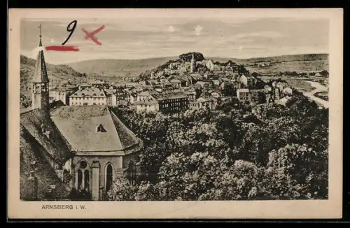 AK Arnsberg i. W., Ortsansicht mit Kirche aus der Vogelschau