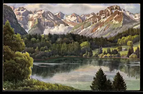 Künstler-AK sign. V. Marschall: Oberstdorf, Freibergsee mit Bergpanorama