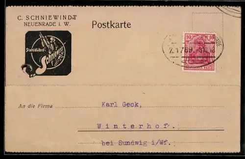 AK Neuenrade i. W., Korrespondenzkarte Firma Schniewindt für Stahldübel