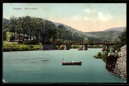 AK Lennetal, Motiv in Einsal, Brücke, Fluss, Ruderboot