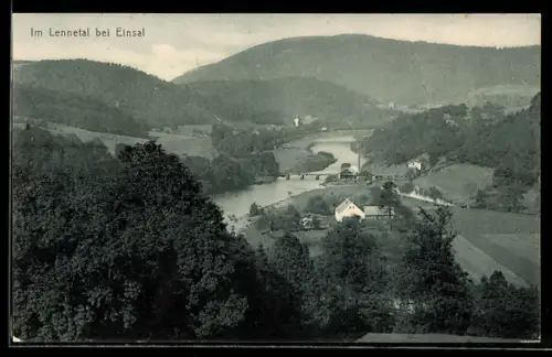 AK Einsal, Blick in das Lennetal, Flusslandschaft, Brücke, Berge
