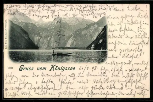 AK Königssee, Ruderboot auf dem See vor Alpenpanorama