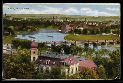 AK Hattingen a. d. Ruhr, Ruhrbrücke, Flusslandschaft, Stadtansicht