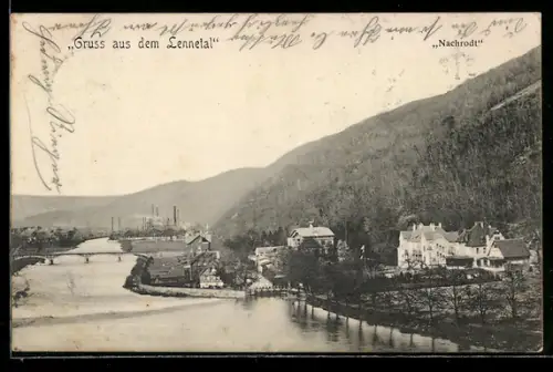 AK Nachrodt, Lennetal, Brücke, Fabrikanlagen, Flussufer