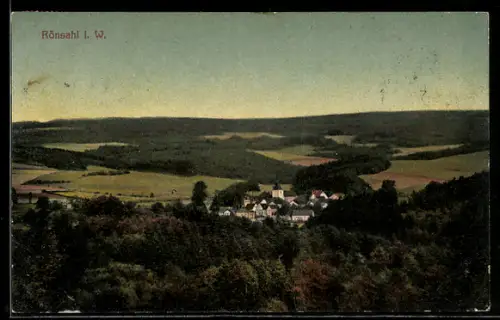 AK Rönsahl i. W., Ortsansicht mit Kirche und umliegender Landschaft