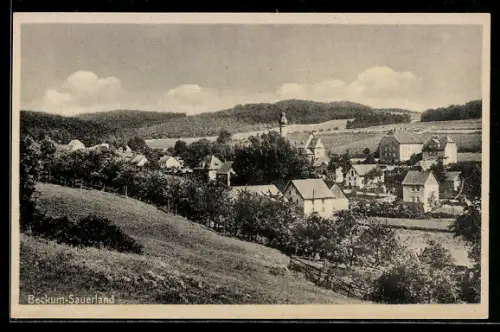 AK Beckum /Sauerland, Ortsansicht mit Kirche und umliegender Landschaft