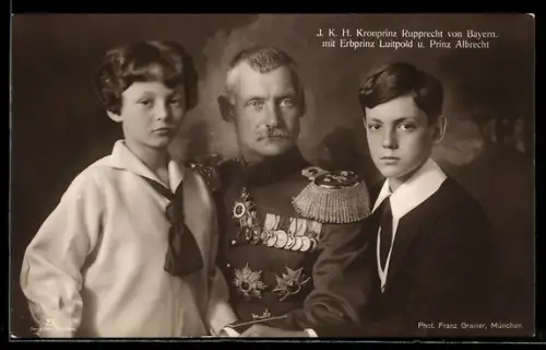 AK I. K. H. Kronprinz Rupprecht von Bayern mit Erbprinz Luitpold und Prinz Albrecht