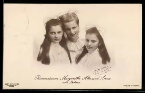AK Prinzessin Margarethe, Alix und Anna von Sachsen mit Schleife im Haar