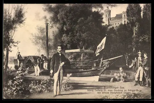 AK König Ludwig II. erste Landung zu Schloss Berg mit dem Dampfschiff Tristan, Starnberger See