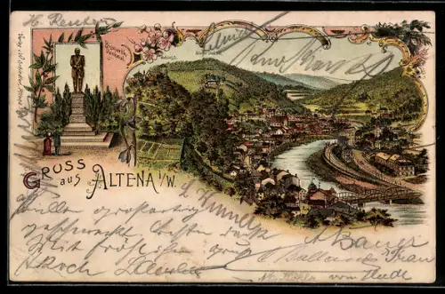 Lithographie Altena i. W., Schloss, Kriegerdenkmal, Bismarck-Denkmal, Blick auf die Stadt