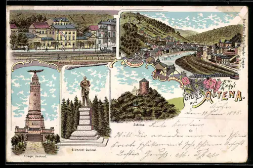 Lithographie Altena, Gasthof, Kriegerdenkmal, Bismarck-Denkmal, Schloss, Ansicht der Stadt mit Brücke