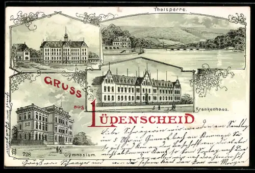Lithographie Lüdenscheid, Talsperre, Krankenhaus, Gymnasium