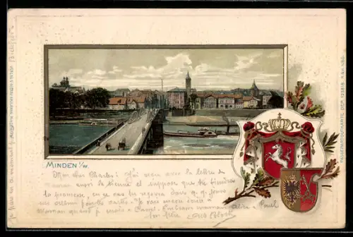 Passepartout-Lithographie Minden i. W., Flusspartie mit Brücke, Panorama der Stadt, Wappen