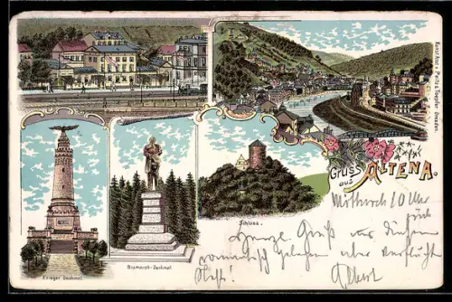 Lithographie Altena, Teilansicht, Bahnhof, Bismarck-Denkmal, Krieger-Denkmal, Schloss