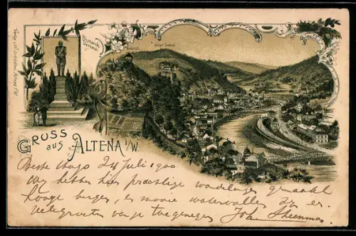 Lithographie Altena i. W., Bismarck-Denkmal, Ortsansicht mit Schloss und Kriegerdenkmal
