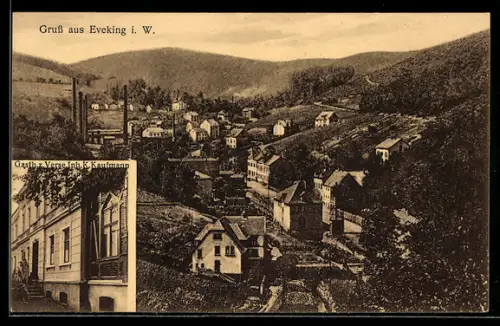 AK Eveking i. W., Gasthau z. Verse, Inh. K. Kaufmann, Ortsansicht aus der Vogelschau