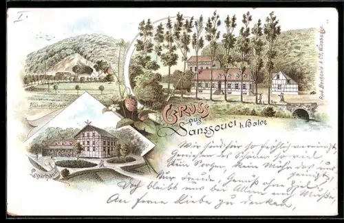Lithographie Sanssouci b. Balve, Jagdgut, Logirhaus, Balver Höhle