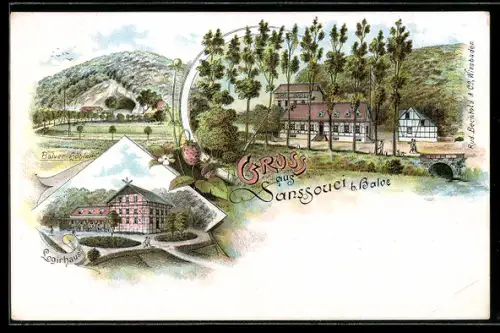Lithographie Sanssouci b. Balve, Jagdgut, Logirhaus, Balver Höhle