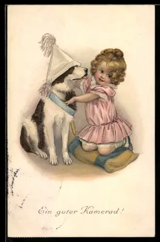 Künstler-AK M. Munk Nr. 728: Kleines Mädchen und Hund mit Papierhut
