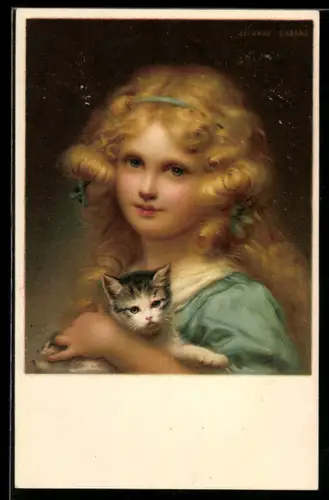 AK Mädchen mit Katze im Arm