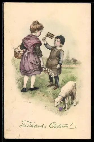 Künstler-AK M. Munk Nr. 433: Kinder mit einer Schnarre und Lamm, Ostergruss