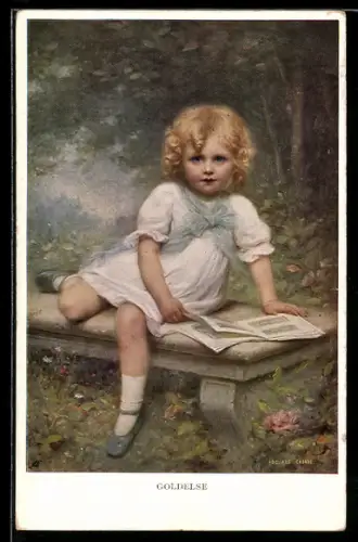 Künstler-AK M. Munk Nr. 880: Goldelse, blondes Mädchen sitzt mit einem Bilderbuch auf einer Steinbank