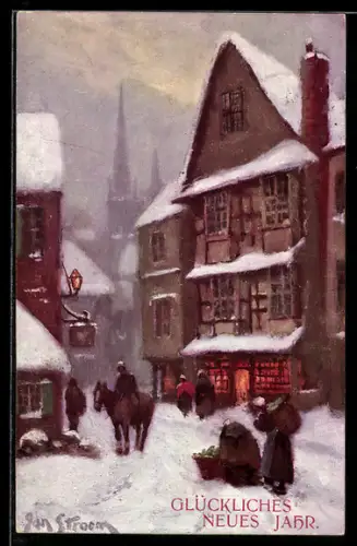 Künstler-AK M. Munk Nr. 376: Dorf im Winter mit Pferd