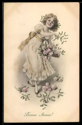 Künstler-AK M. Munk Nr. 344: Fröhliches Mädchen mit einem Korb voller Blumen, Glückliches Neujahr!