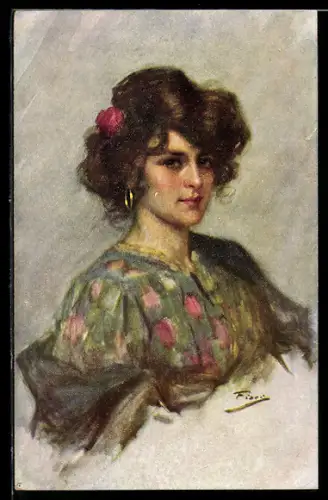 Künstler-AK sign. Fiori: Braunhaarige Frau mit Rose im Haar