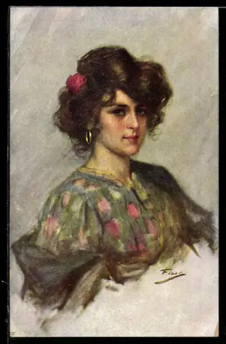 Künstler-AK sign. Fiori: Braunhaarige Frau mit Rose im Haar