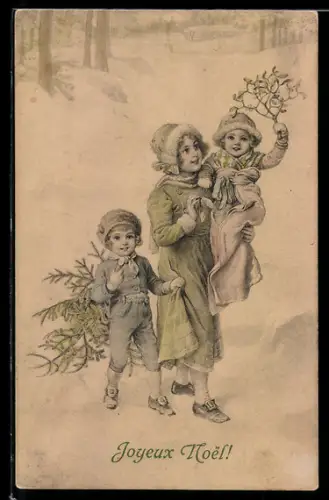 Künstler-AK M. Munk Nr. 278: Junge Frau mit zwei Kindern im Schnee, Weihnachtsgruss