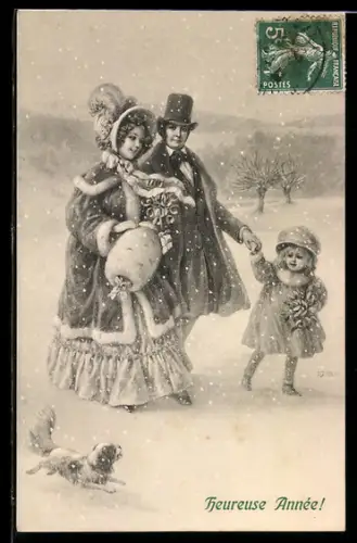 Künstler-AK M.Munk Nr.465: Familie beim Winterspaziergang