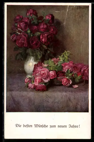 Künstler-AK M. Munk Nr. 1184: stilvolle Vase mit rosa blühende Rosen