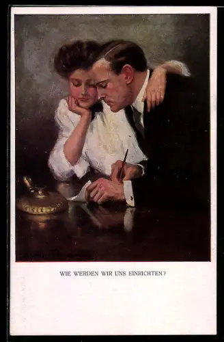 Künstler-AK Clarence F.Underwood: Liebespaar sitz über einem Brief