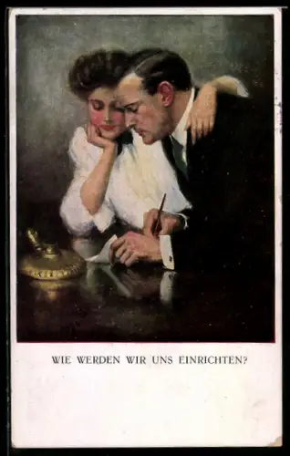 Künstler-AK Clarence F.Underwood: Liebespaar sitz über einem Brief