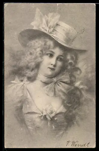 Künstler-AK M.Munk Nr. 67: Portrait eines Mädchens mit Hut und Rose im Dekolleté