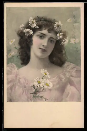 Künstler-AK M. Munk Nr. 271: Hübsche junge Frau im rosa Kleid mit Blumen in den Haaren