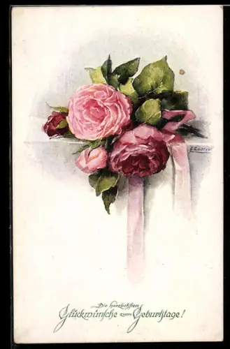Künstler-AK M. Munk Nr. 1317: Rote Rosen auf einem Tisch