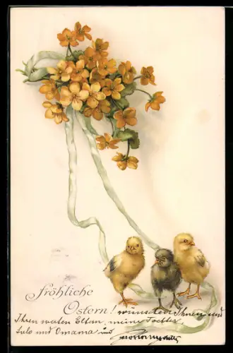 Künstler-AK M. Munk Nr. 723: Drei Küken stehen bei gelben Blumen