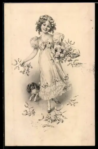 Künstler-AK M. Munk Nr. 344: Junges Mädchen mit Blumen und einem Hund
