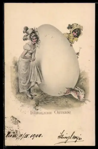 Künstler-AK M. Munk: Fröhliche Ostern, Fräuleins und grosses Ei