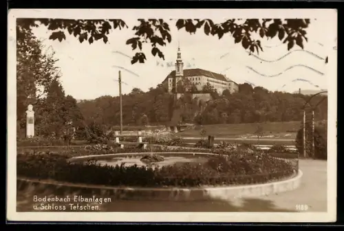 AK Tetschen-Bodenbach / Decin, Elbanlagen und Schloss Tetschen