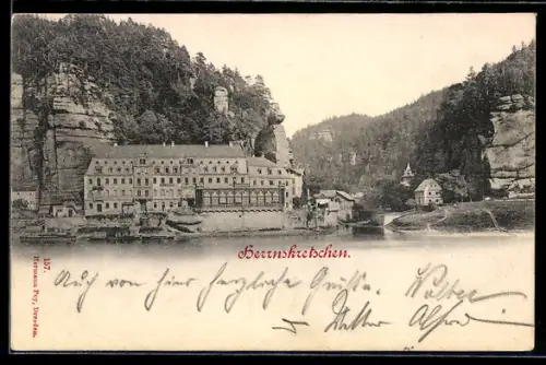 AK Herrnskretschen, Ortsansicht mit Hotel am Elbufer
