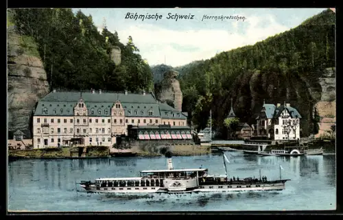 AK Herrnskretschen / Hrensko, Dampfer mit Schleuse im Hintergrund