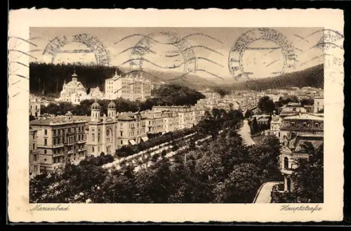 AK Marienbad, Hauptstrasse mit Synagoge aus der Vogelschau