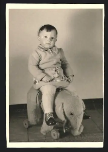 5 Fotografien Wichern, Berlin-Tempelhof, Kleinkind / Knabe mit Spielzeug Stoff-Elefant auf Rollen